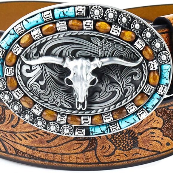 Women Western Cowboy Belt - PU Leather Longhorn Bull Turquoise Embossed Buckle B - Picture 1 of 8